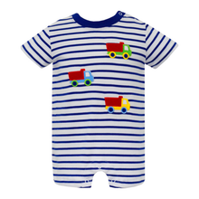 Load image into Gallery viewer, Dump Truck Romper- Royal Blue Stripe
