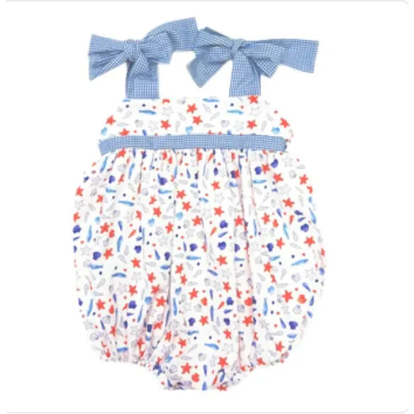 Julie Sea Shells Lt. Blue Gingham Bow Strap Bubble