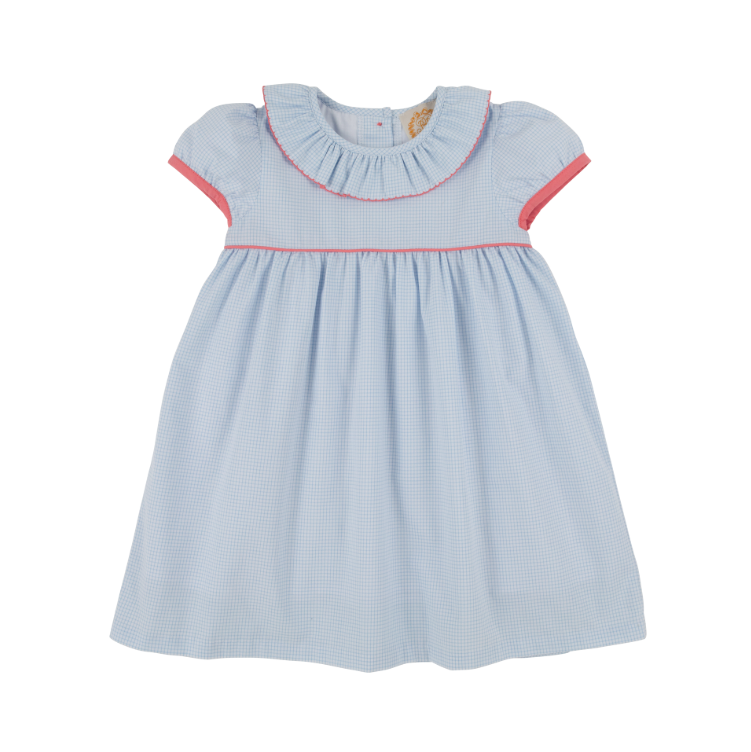 Ramona Ruffle Dress- Barrington Blue Mini Windowpane/Parrot Cay Coral