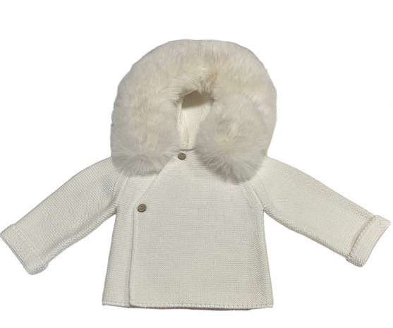 Knit Jacket w/ Faux Fur Hood- Cream