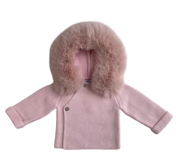 Knit Jacket w/ Faux Fur Hood- Pink