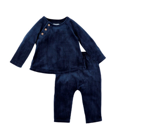 Velour Wood Button Top & Pant Set-Navy