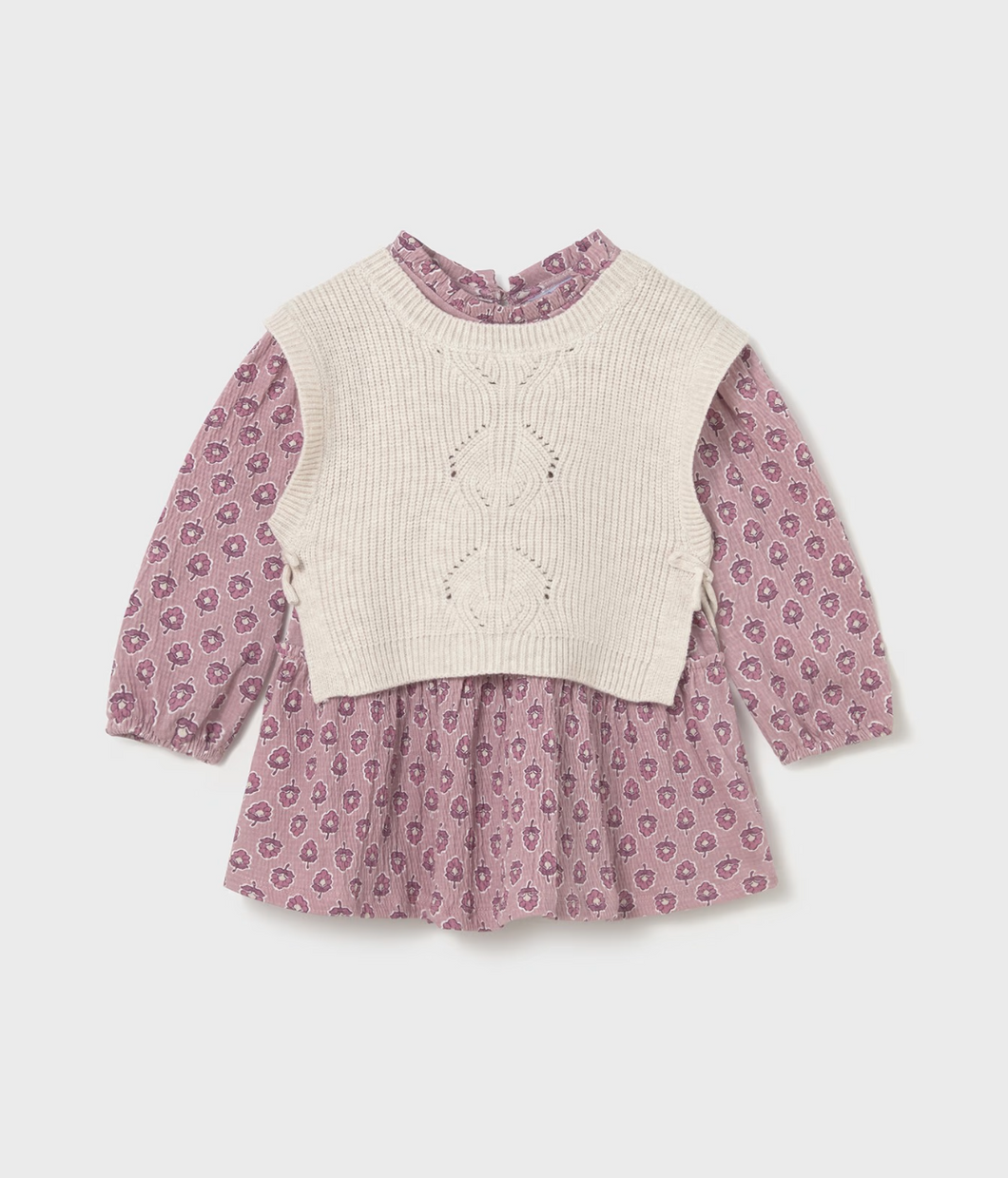 Baby Faux Knit Vest Dress Set- Sand Heather