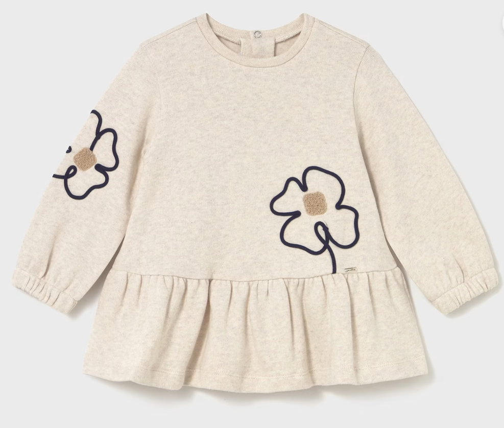 Baby Flower Applique Dress- Sand Heather