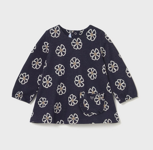 Baby Jacquard Flower Print Dress- Navy