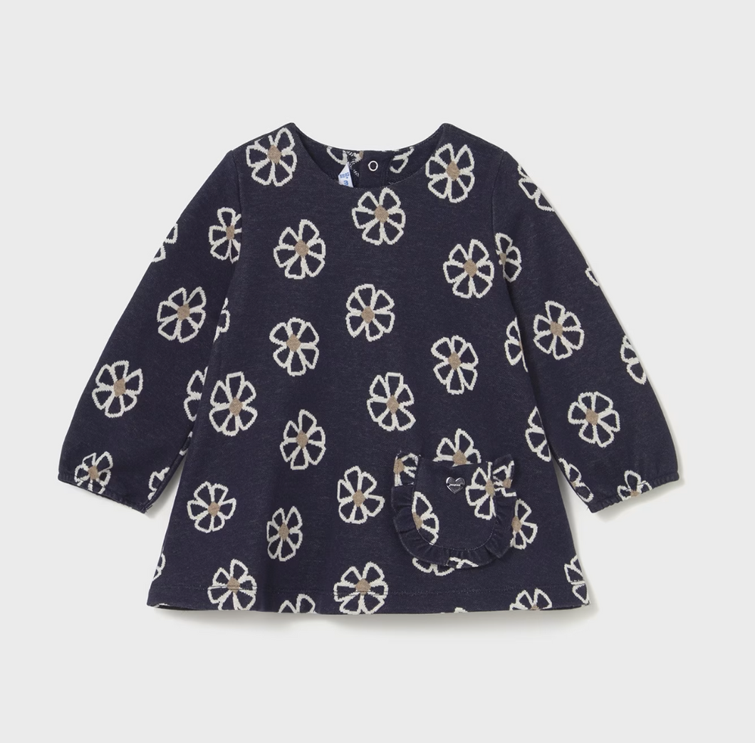 Baby Jacquard Flower Print Dress- Navy