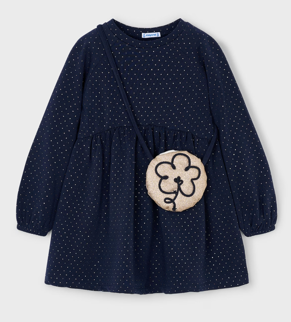 Gold Dot Fleece Dress & Purse Set- Navy