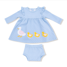 Load image into Gallery viewer, Duck Family Applique Dress &amp; Diaper Cover- Chambray Blue Dot
