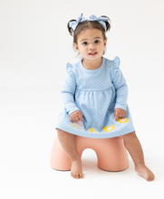 Load image into Gallery viewer, Duck Family Applique Dress &amp; Diaper Cover- Chambray Blue Dot
