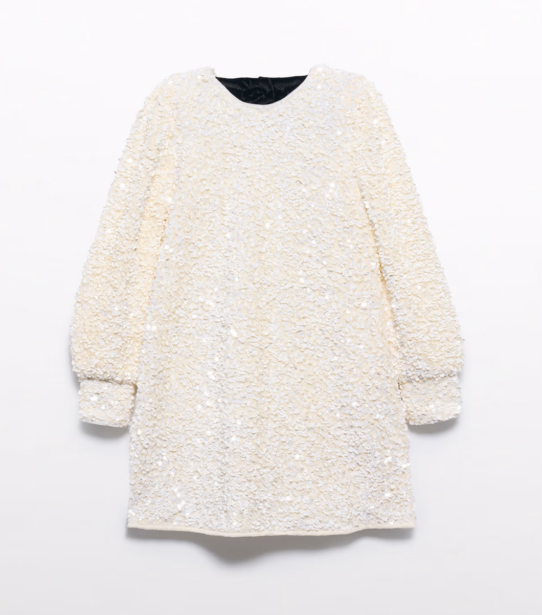 Girl A-Line Sequin Velvet Dress- Cream