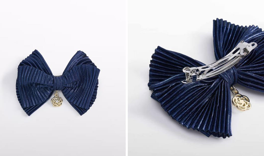 Girl Pleated Knit Bow Hair Clip- Navy