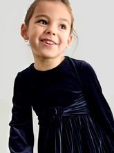 Load image into Gallery viewer, Girl Pleated Velvet Dress- Navy
