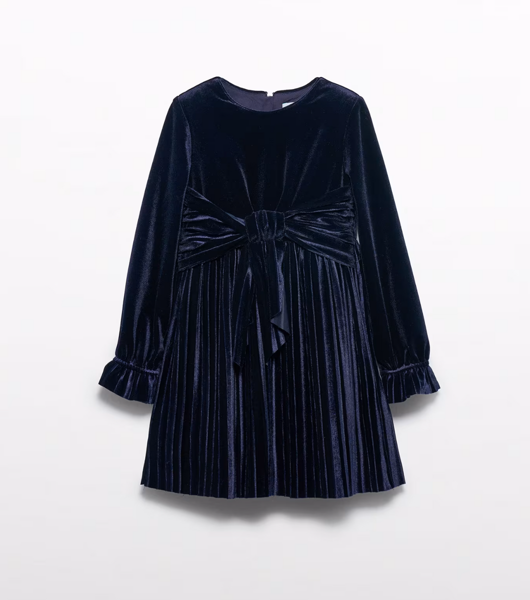 Girl Pleated Velvet Dress- Navy