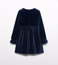 Load image into Gallery viewer, Girl Pleated Velvet Dress- Navy
