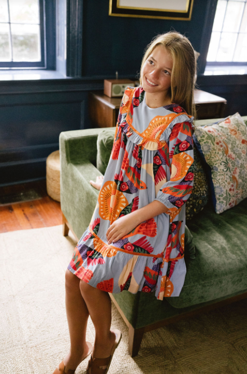 Blair Birds Dress- Carolina Blue