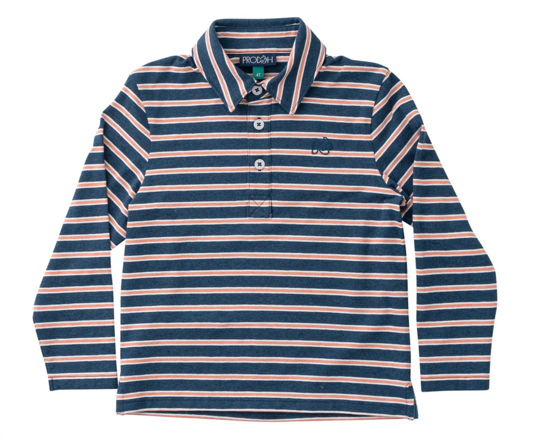 Stripe Polo LS- Denim/ Crabapple