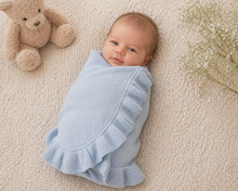 Load image into Gallery viewer, Jersey Knitted Ruffle Blanket Blue
