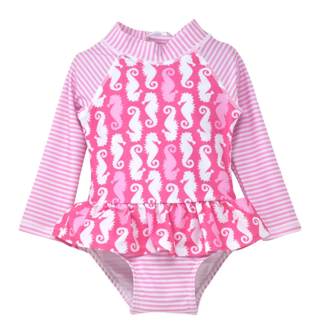 Sweet Pink Stripe UPF 50+ Alissa Ruffle Rash Guard Swimsuit