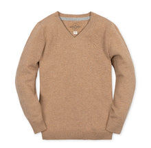 Load image into Gallery viewer, Camel Heather V-Neck Sweater w/ Elbow Patches
