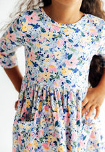 Load image into Gallery viewer, Fall Floral 3/4 Sleeve Pocket Twirl Dress - LT BL / YL / PK

