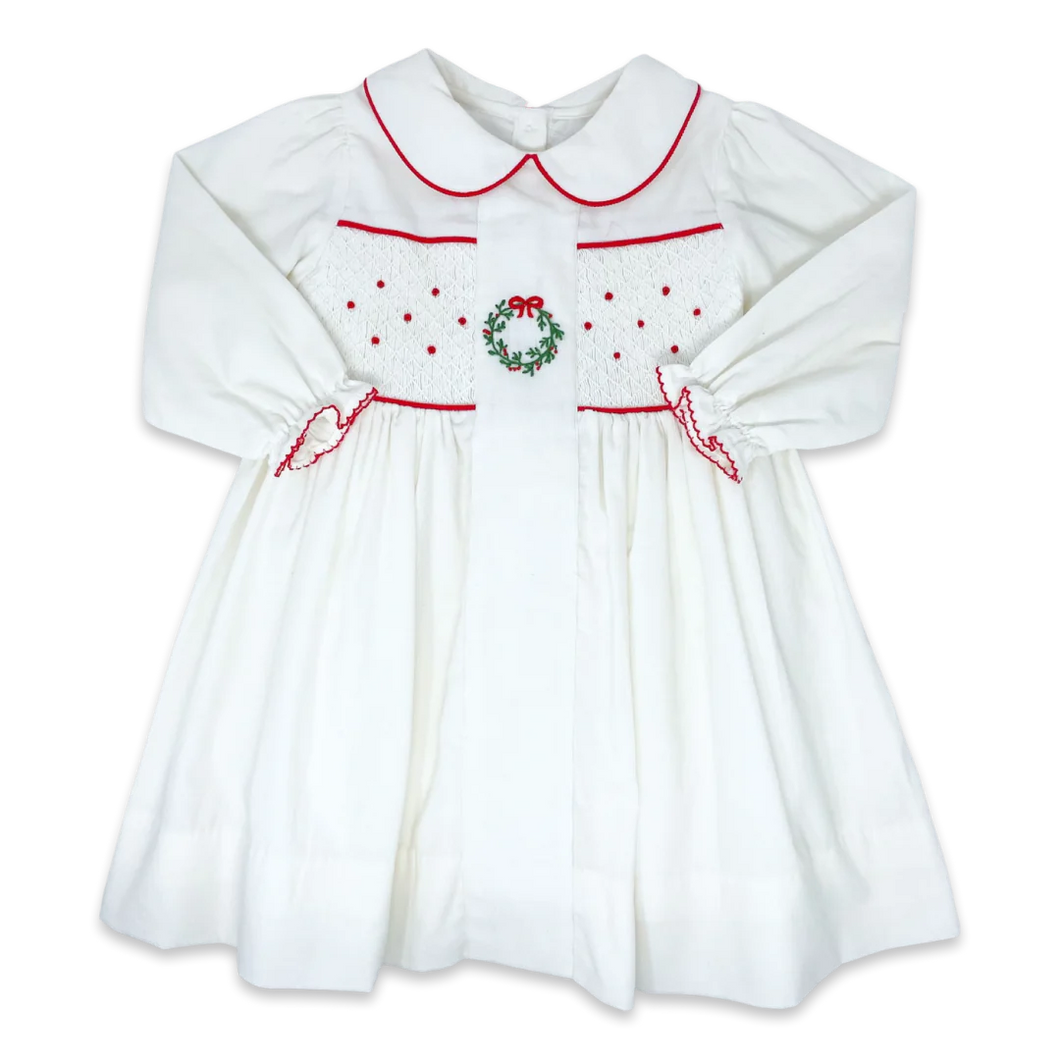 Long Sleeve Mia Dress- Whtie Cord w/ Wreath & Red Piping
