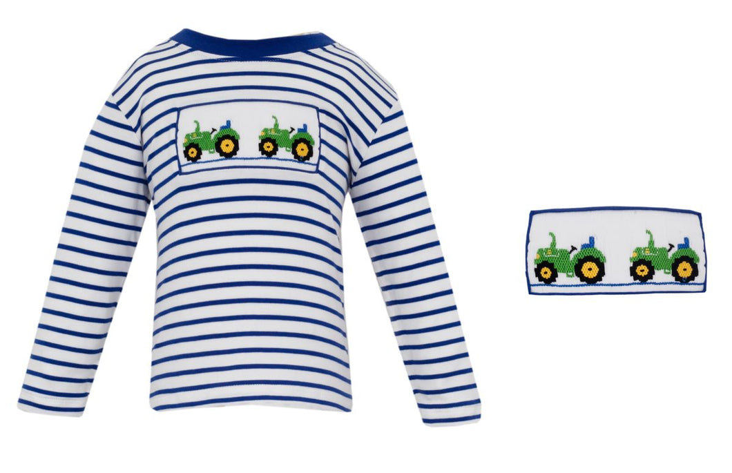 Tractor Smocked T-Shirt LS- Blue Stripe