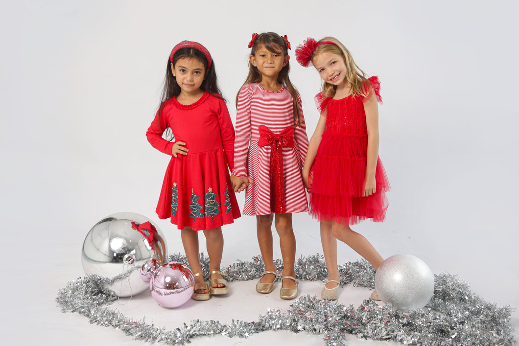 Sequin Bow LS Dress- Red/White Stripe