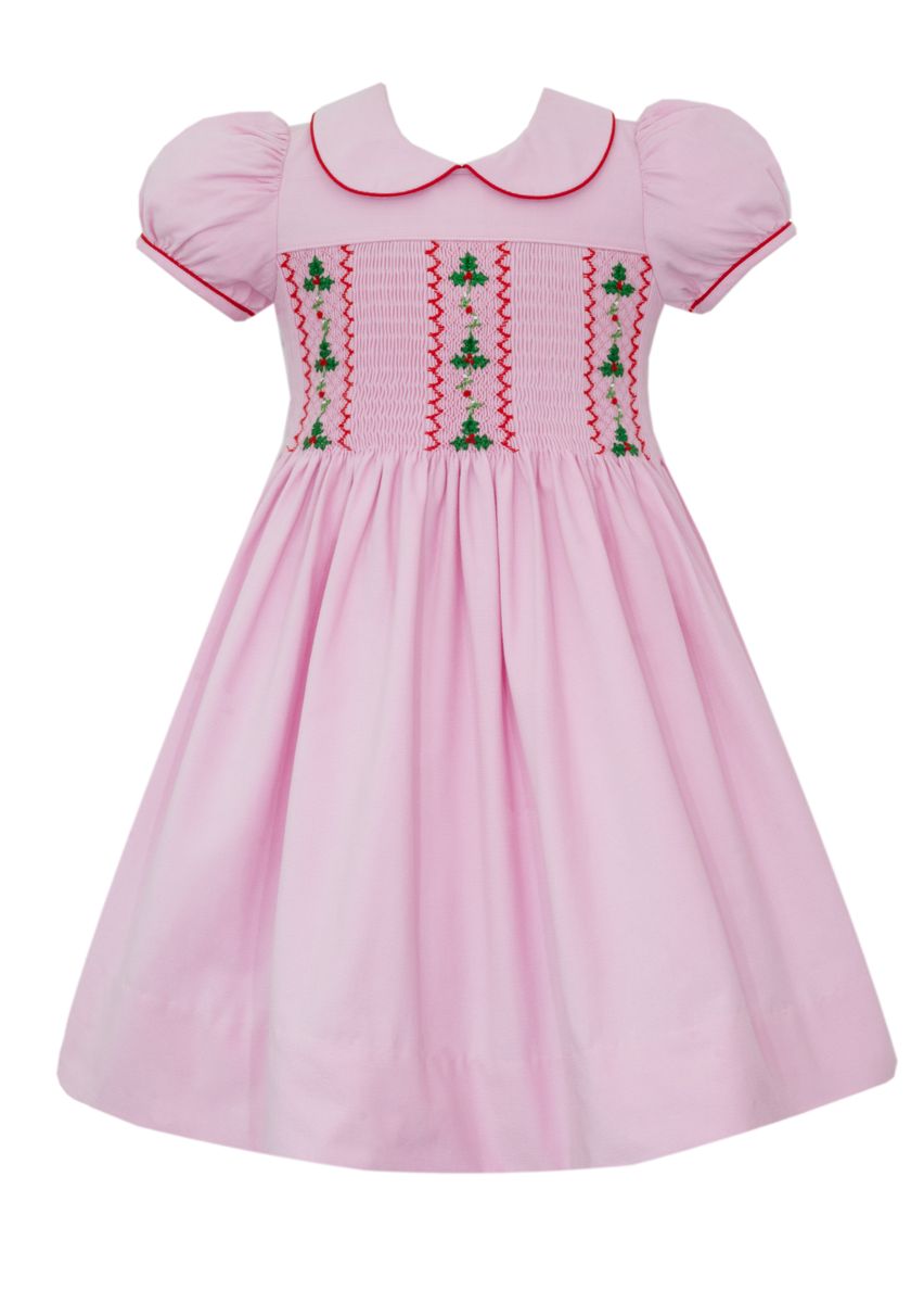 X'mas Holly Vines Corduroy Smocked Dress- Pink
