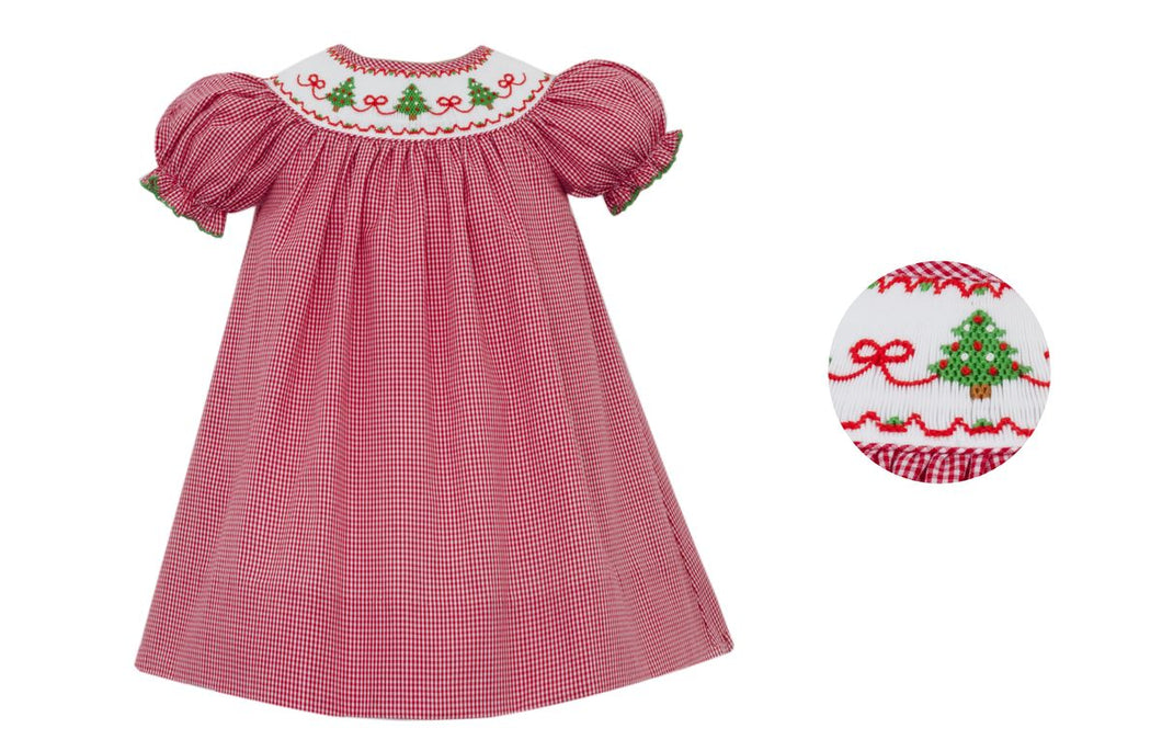 X'mas Trees Smocked Bishop Dress w/ Bows- Red Gingham