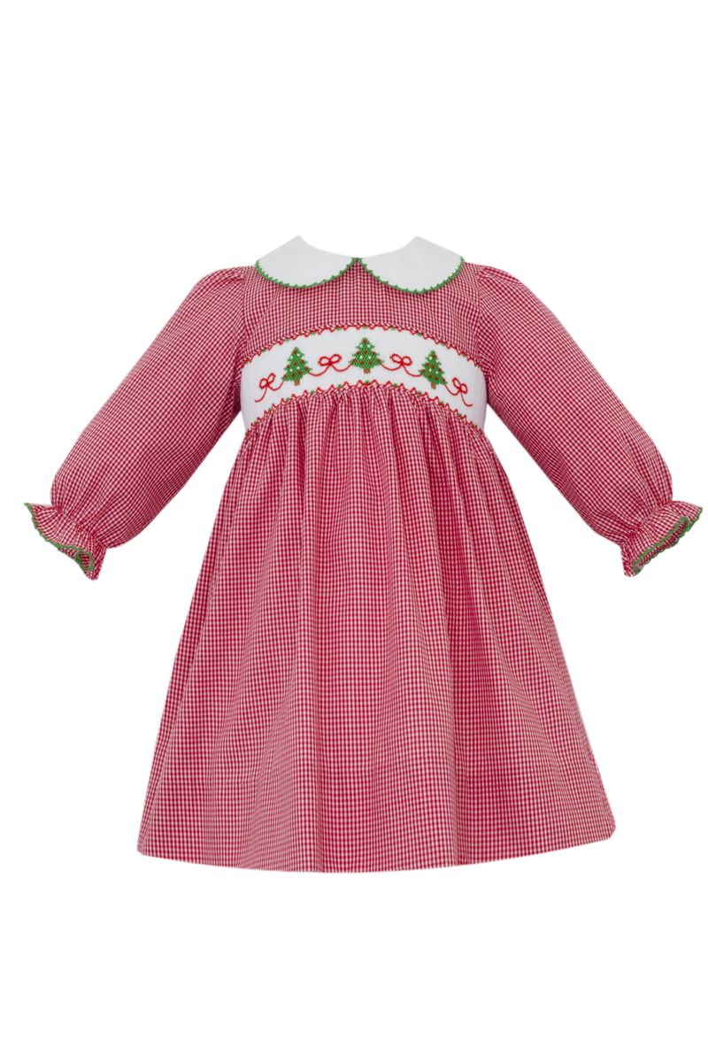 X'mas Trees Smocked Dress w/ Bows- Red Gingham