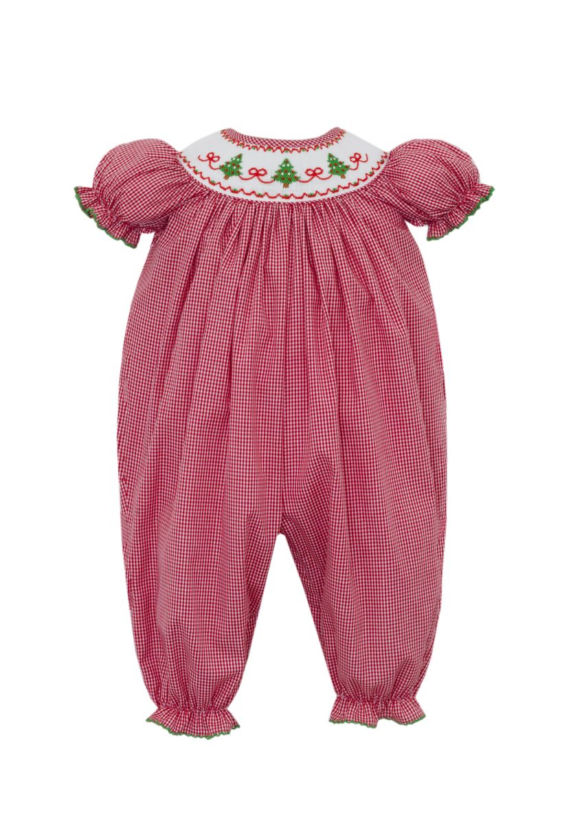 X'mas Trees Smocked Long Bishop Bubble w/ Bows- Red Gingham