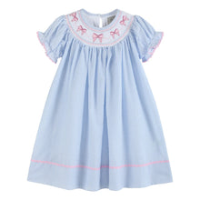 Load image into Gallery viewer, Blue Seersucker Bow Smocked Bishop Dress
