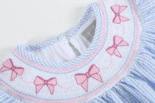 Load image into Gallery viewer, Blue Seersucker Bow Smocked Bishop Dress
