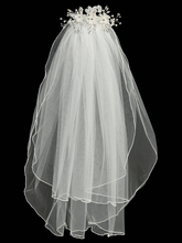Load image into Gallery viewer, Veil on Comb - Organza Flowers w/ Pearls &amp; Rhinestones
