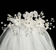 Load image into Gallery viewer, Veil on Comb - Organza Flowers w/ Pearls &amp; Rhinestones
