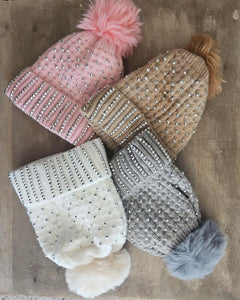 Bedazzled Knit Beanie w/ Pom Pom