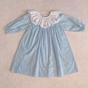 Long Sleeve Blue Dress w/ Scallop Trim & Ruffle Collar