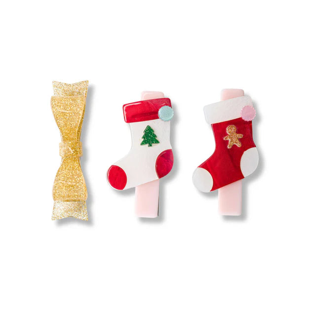 Christmas Stockings Red, White & Glitter Gold Hair Clips