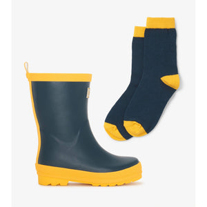 Navy & Yellow Matte Rain Boots