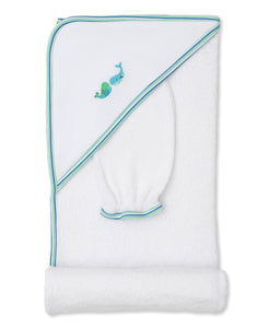 Watercolor Whales Embroidered Hooded Towel & Mitt Set