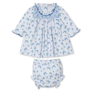 Blooming Bows Print Smocked Dress in Blue