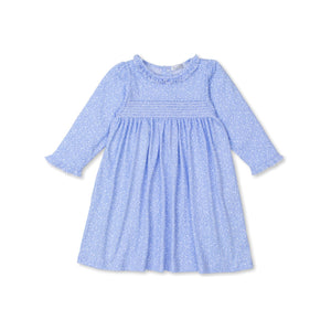 Fall Flower Patch Print Smocked Dress in Blue