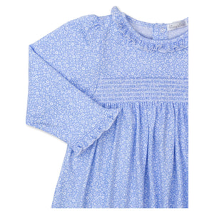 Fall Flower Patch Print Smocked Dress in Blue