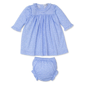 Fall Flower Patch Print Smocked Dress in Blue