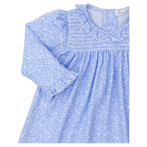 Fall Flower Patch Print Smocked Dress in Blue