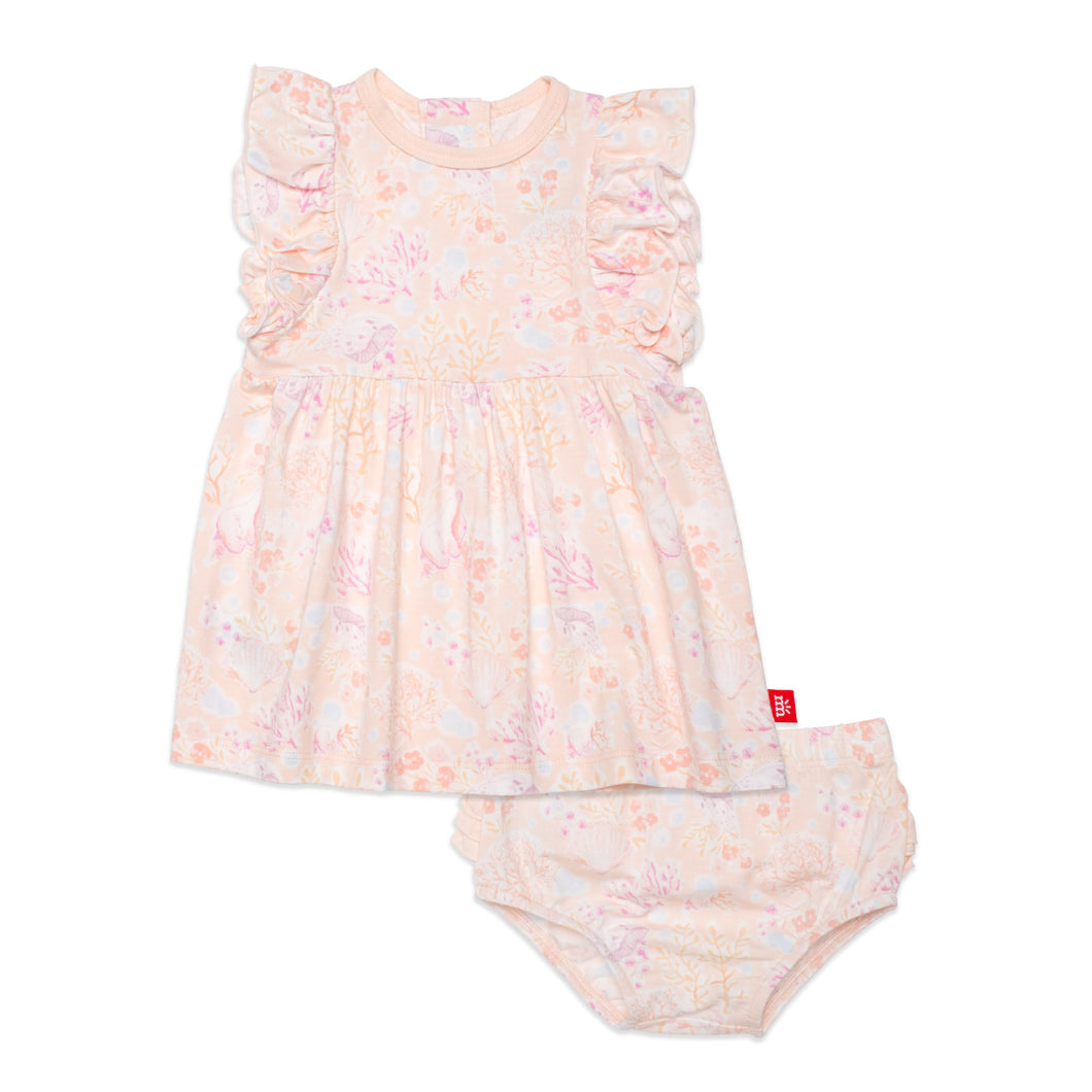 Coral Floral Ruffle Sleeve Modal Dress & Diaper Cover