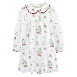 Christmas Tree Printed Toddler Dress with Round Collar