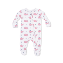 Load image into Gallery viewer, Bubbly Whale w/ Bow 2 Way Ruffle Back Zipper Footie
