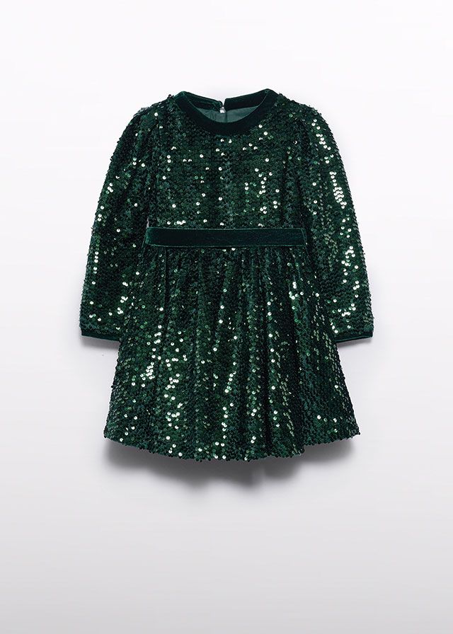 Girls Sequin Velvet Holiday Party Dress - Green