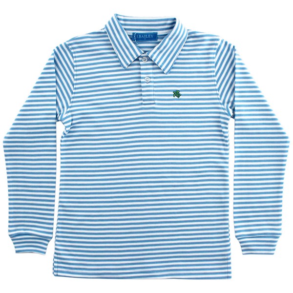 Long Sleeve Striped Polo- Lt. Blue/White